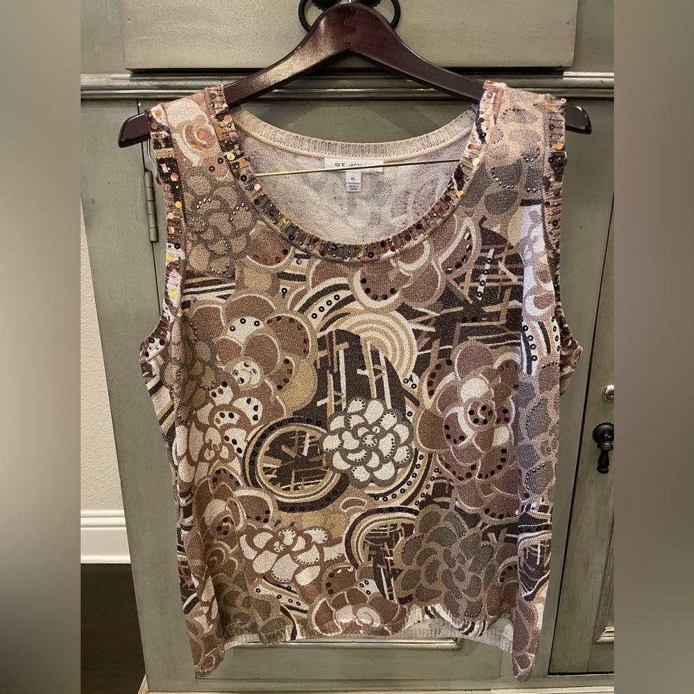 St. John Beige and Brown sequin Print Tank